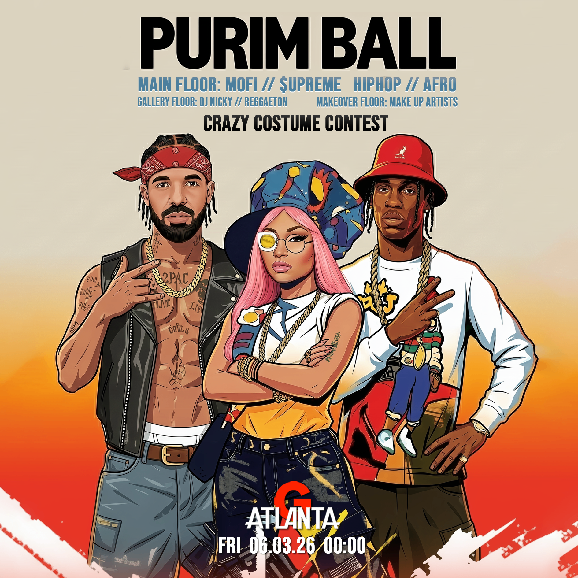  נשף שישי פורים :היפהופ / אפרוביטס/ רגאטון -06.03 באטלנטה -- Friday 06.03  Hiphop/Afrobeats/Reggaeton PURIM BALL 2 floors @ ATLANTA | הזמנת כרטיסים